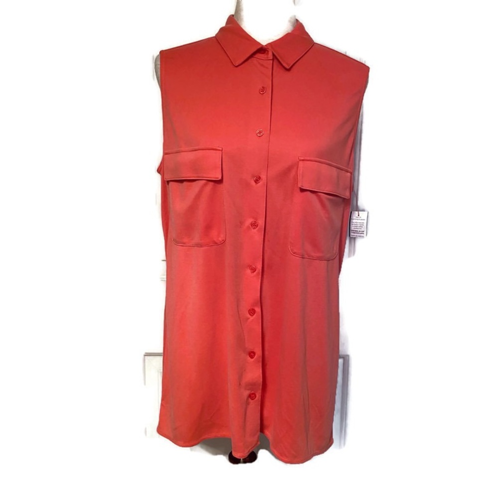 JOAN VASS NEW NWT TOP BLOUSE SLEEVELESS CORAL PINK ORANGE SIZE L